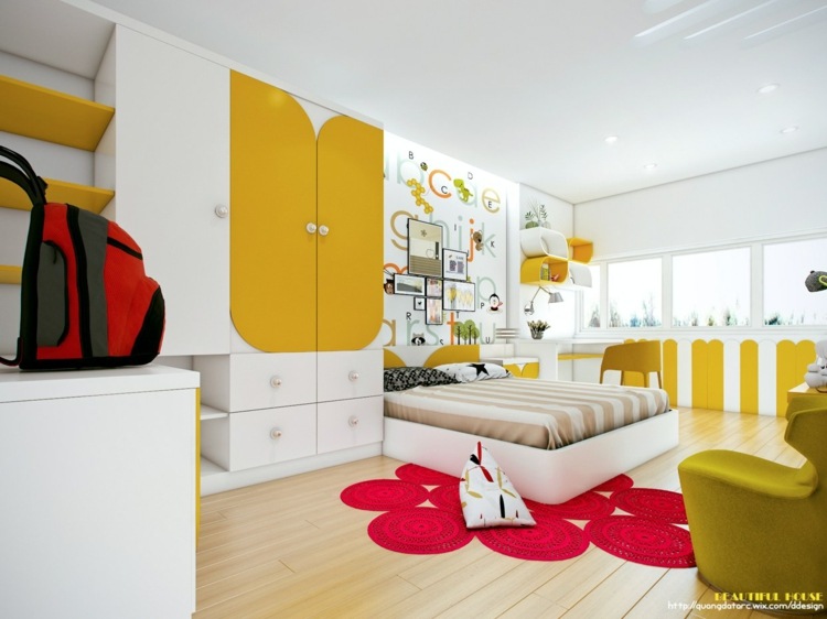 ungdomsrum modern inredning färg senap ryggsäck vägg design