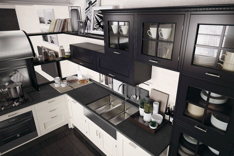 modern-kök-lantlig stil-svart-vit-kvarts-bänkskiva