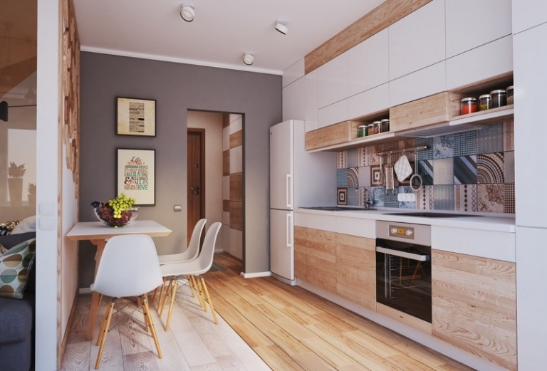 Moderna kök bilder-taupe-vägg-färg-vit-trä-skåpfronter-mönstrade-kakel-kaklade speglar