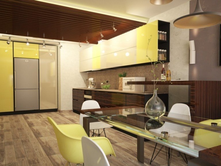 Moderna kök bilder-fronter-mörkt-trä-grädde-högglans-gul-accenter-tillbaka vägg-sten-look