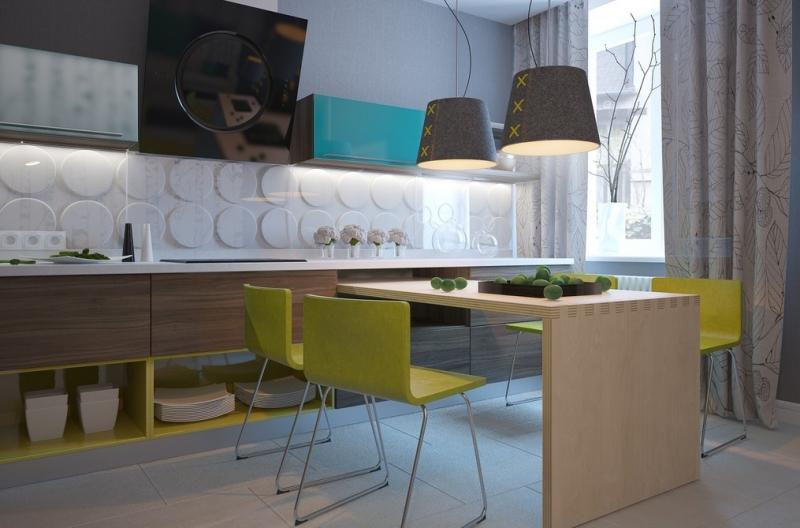 moderna-kök-bilder-grå-vägg-färg-3d-stänk-skydd-väggpaneler-trä-gul-blå-matplats