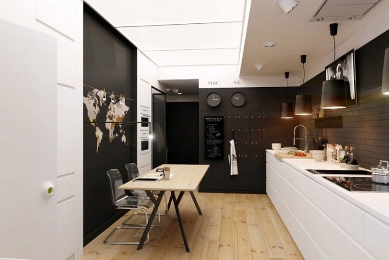 modern-kök-svart-vit-trä golv-väggdekoration