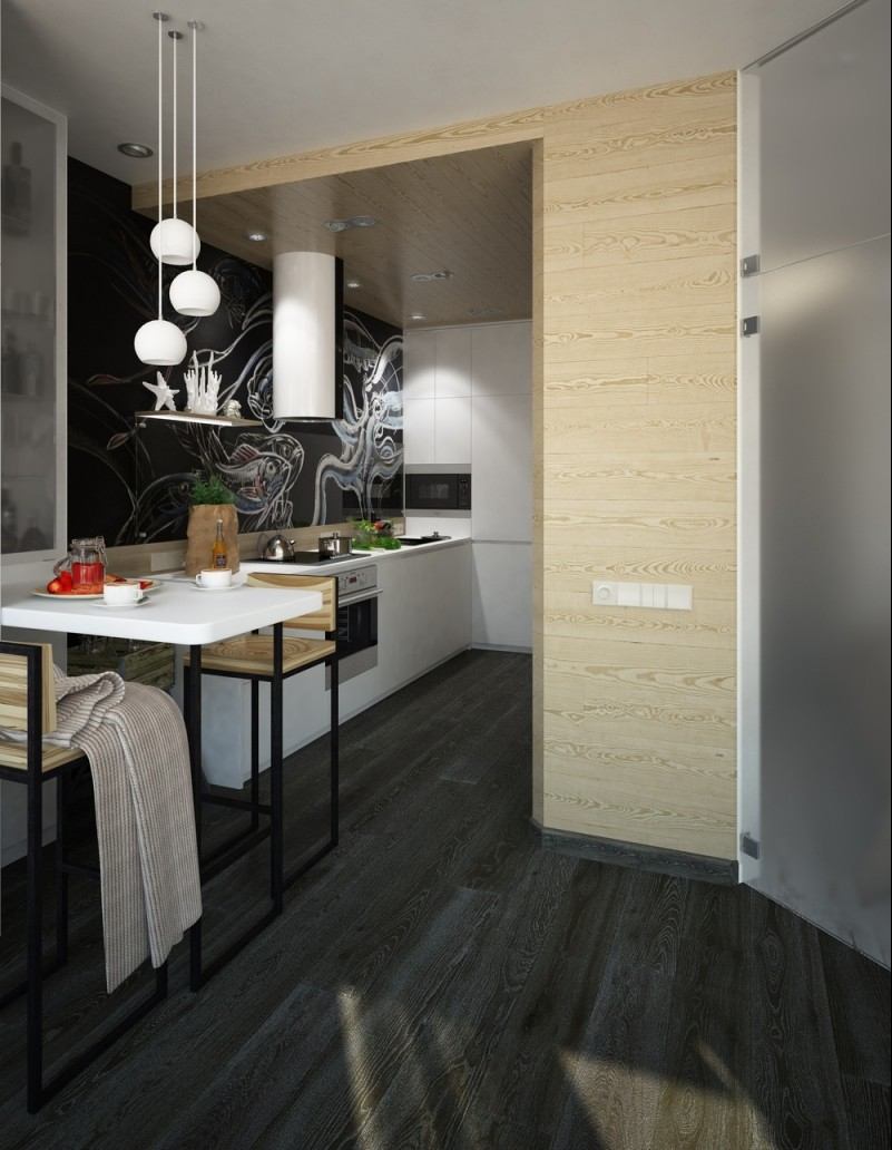 modern-kök-vägg-design-vit-svart-trä-liten-matplats-barstol