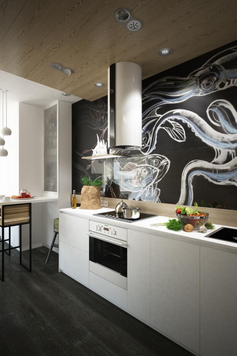 modern-kök-vägg-design-fisk-svart-bakgrund-vit-barriär