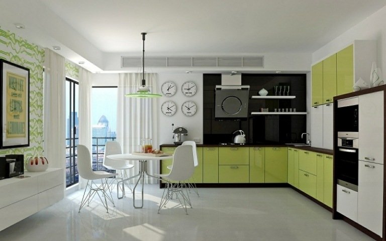 modern-kuechen-bilder-L-planritning-svart-grön-vit-rund-matbord