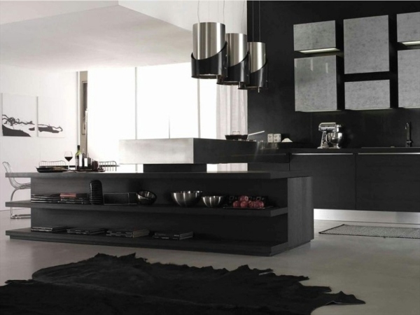 Moderna kök massivt trä auqa svart rostfritt stål kombination