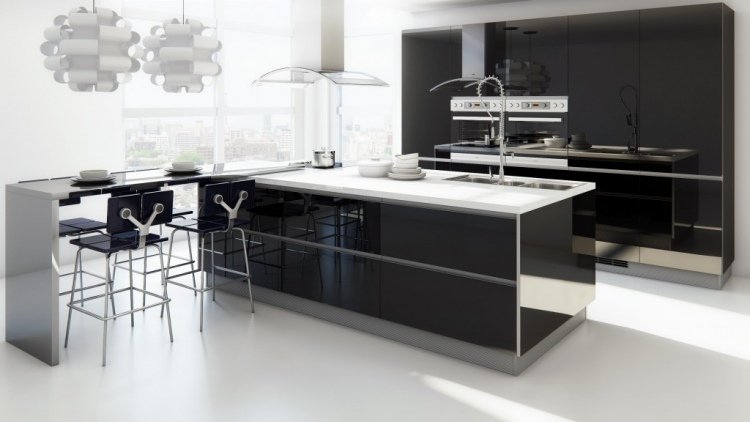 modern-kök-utrustning-hi-tech-minimalistisk-svart-vit-rostfritt stål-pall-kök ö