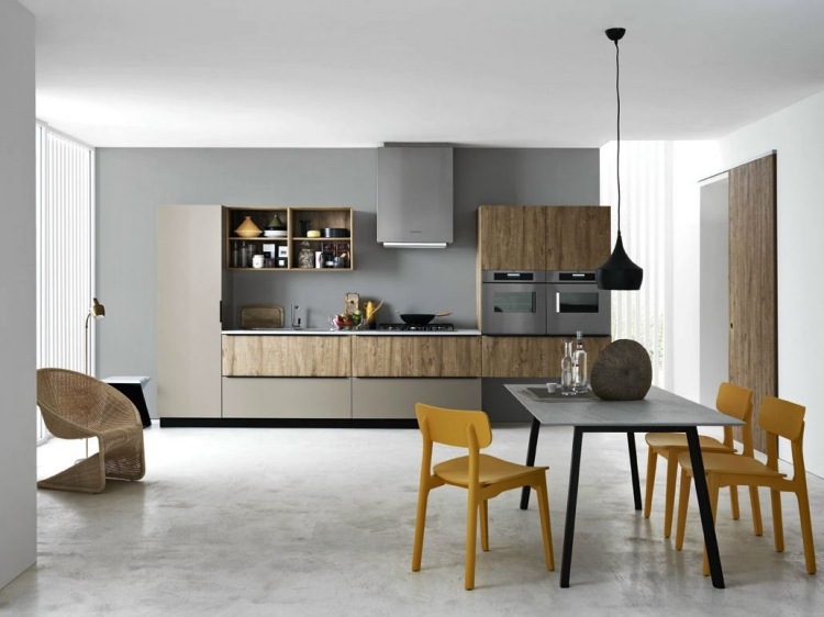 modern-tårta-utrustning-hi-tech-minimalistisk-hängande-lampa-trä-grå-matbord-stele-gul