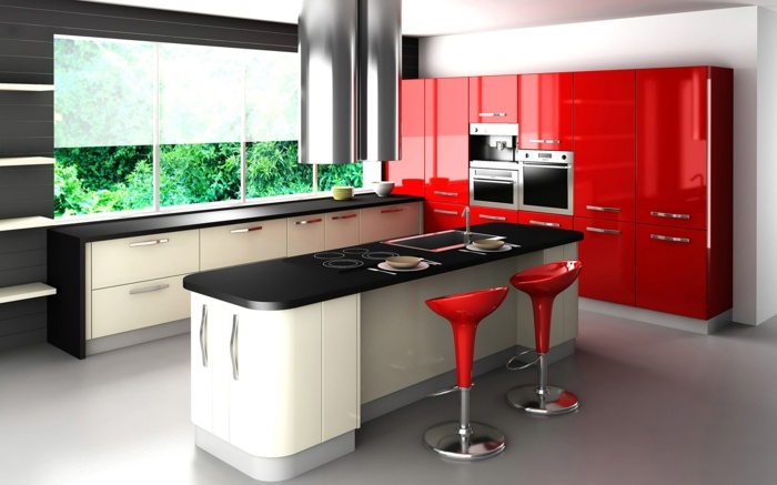 moderna köksmöbler högblank röd köksö vit