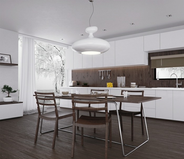 minimalistiska köksmöbler vita matbord stolar brunt trä