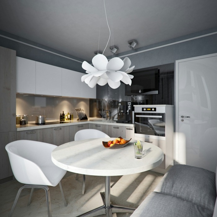litet kök matbord vit modern lampa