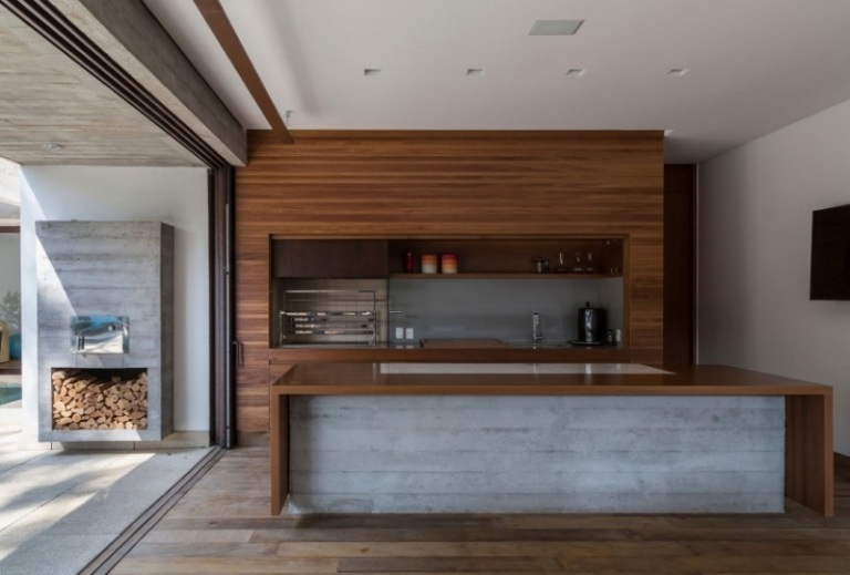 modernt kök planering betong kök ö trä fronter rostfritt stål