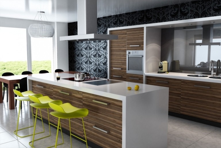 modernt-kök-planering-pall-gult-kök disk-trä-fronter-vit-matbord-fönstervägg