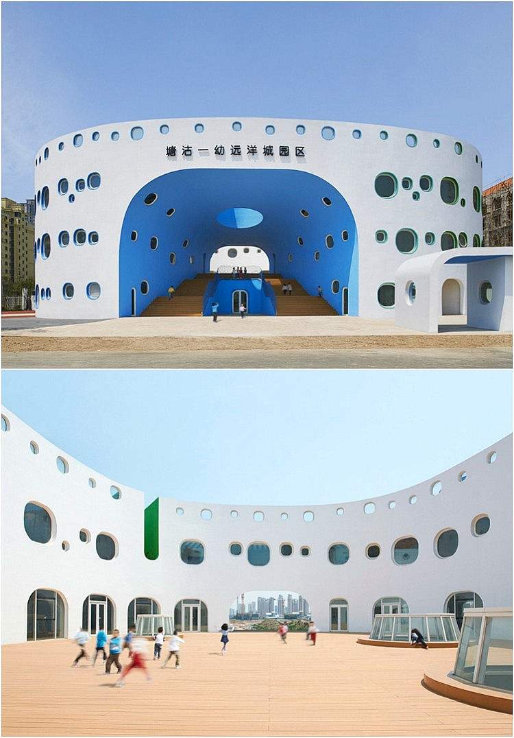 dagis-arkitektur-munk-design-färgglada-runda-fönster-stor-lekplats