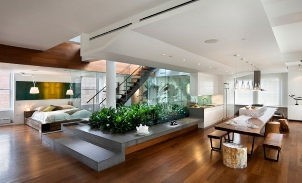 Modern loft lägenhet inredning interiör trädgård vardagsrum