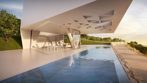 exklusiv semester villa pool område takfönster vit minimalistisk