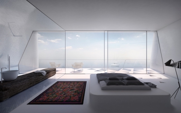 vit minimalism semester villa Grekland havsutsikt säng