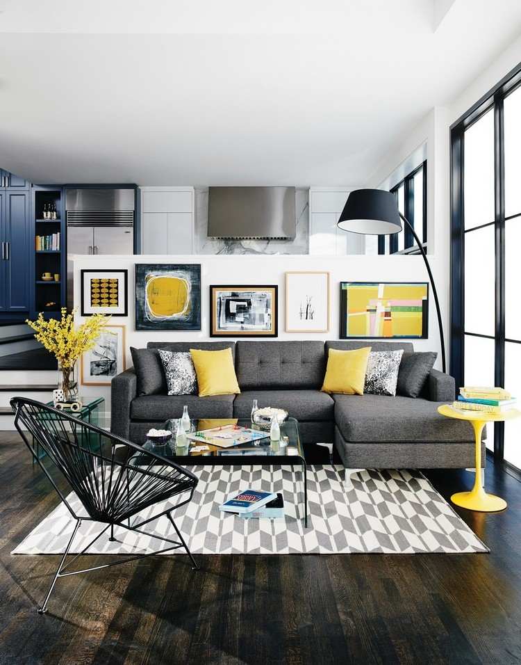 moderna möbler idéer grå vardagsrum färg accenter gul
