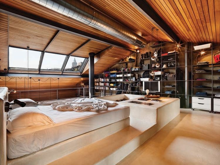 modern penthouse lägenhet loft sovrum industriell
