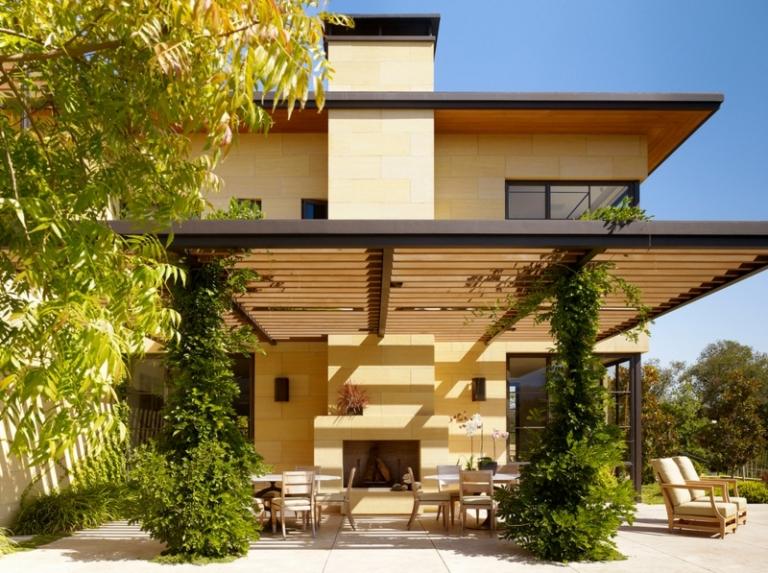 modern pergola skorsten-metall ram-hus förlängning-solskydd