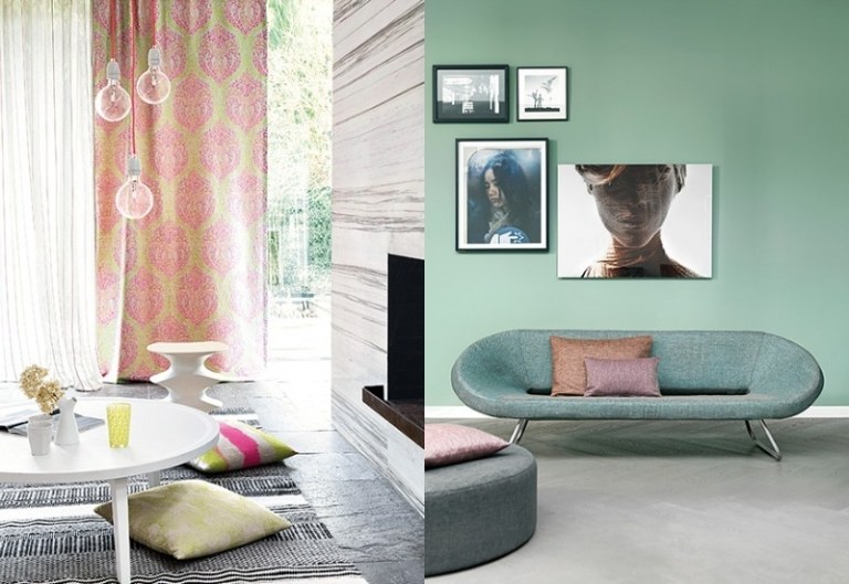 Moderna klädselstyg - gardiner - möbler - mintgrönt - rosa - pastellfärger - interiör - dekorativa kuddar