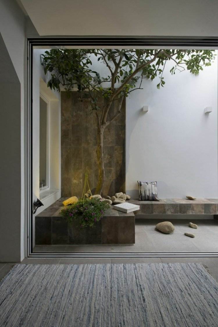 Modernt-rum-avdelare-tak-terrass-mini-trädgård-träd-bänk-sten utseende