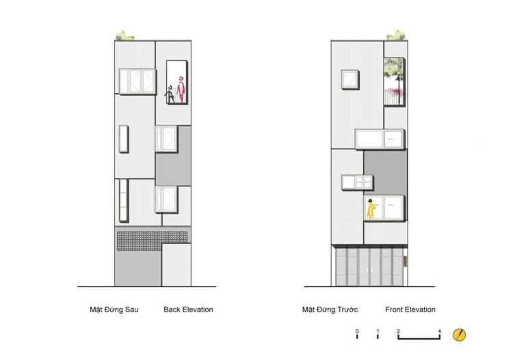 Moderna rumsdelare-radhus-plan-bak-fram-front-vy-fyra våningar