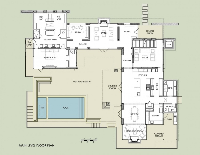 Vardagsrums layout ovanifrån hus på landet hus Austin Texas