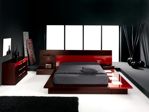 modern sovrum plattform rött trä svarta väggar japanska