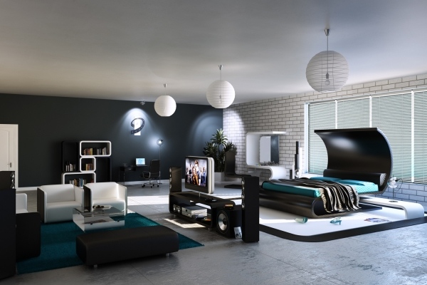 modernt sovrum geometrisk svart vit turkosblå sittgrupp