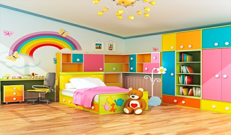 modern garderob färgglada-skåp-dörrar-idéer-roligt-barnrum-regnbåge