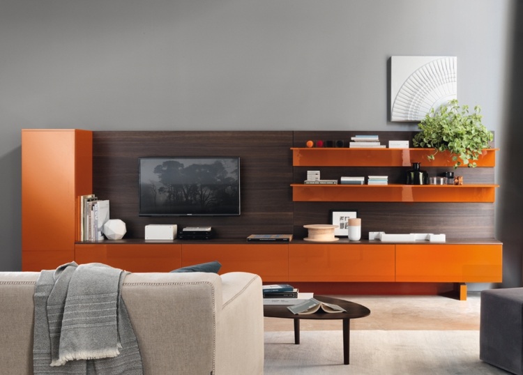 moderna väggaggregat orange högglansfronter tv -skåp
