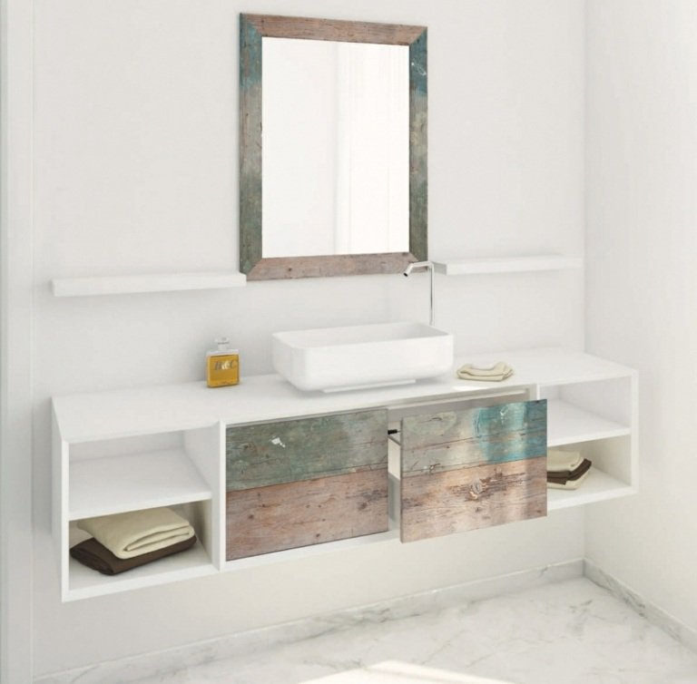 shabby badrumsmöbler flytande effekt tvättskåp hyllor marmorgolv