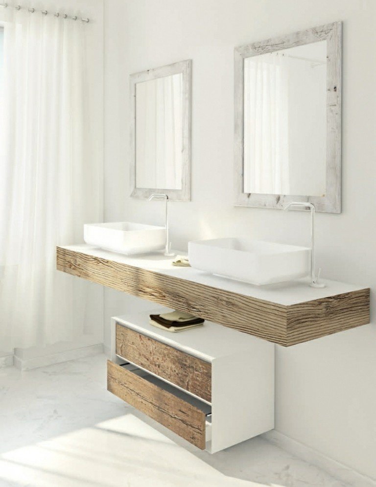 badrum shabby möbler trä färg vit interiör grå spegel ram gardiner