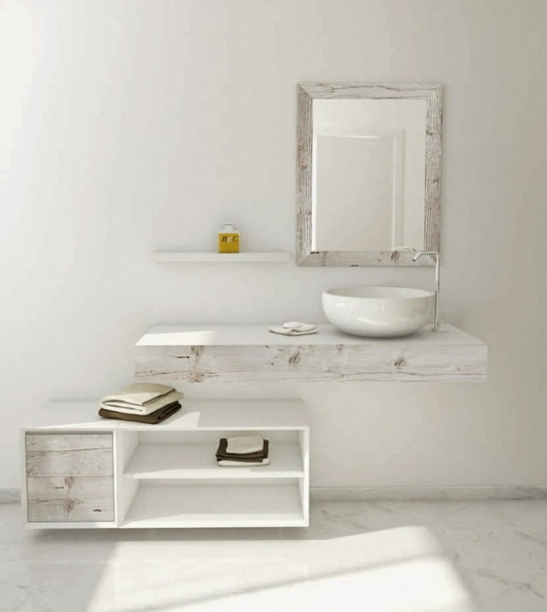 badrum shabby möbler minimalistisk accent rustik ljusgrå vittrade look tvättkonsol
