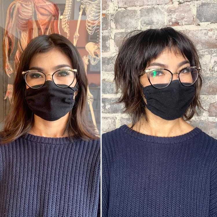 kraftigt lagrad bob med fransade ändar och lugg