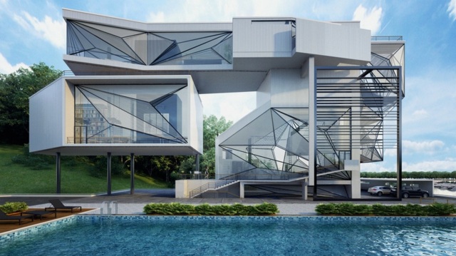 Arkitektur betongfasad stålglas pool framgård