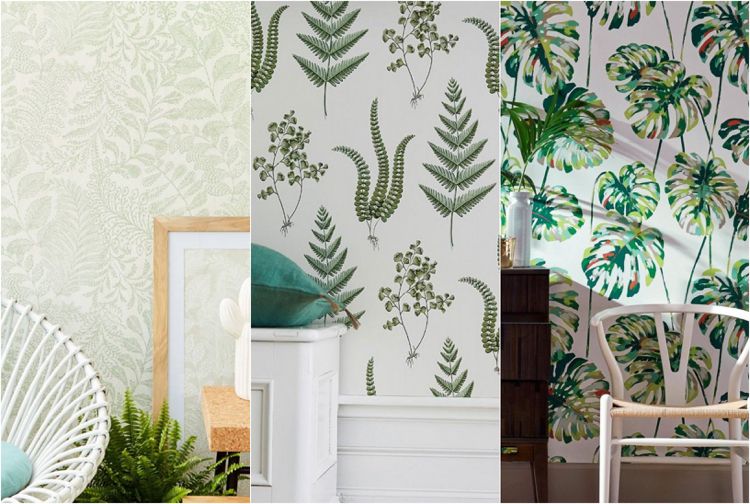 modern tapet vardagsrum botanisk trendeffekt av motiven pastellgrön smaragdgrön
