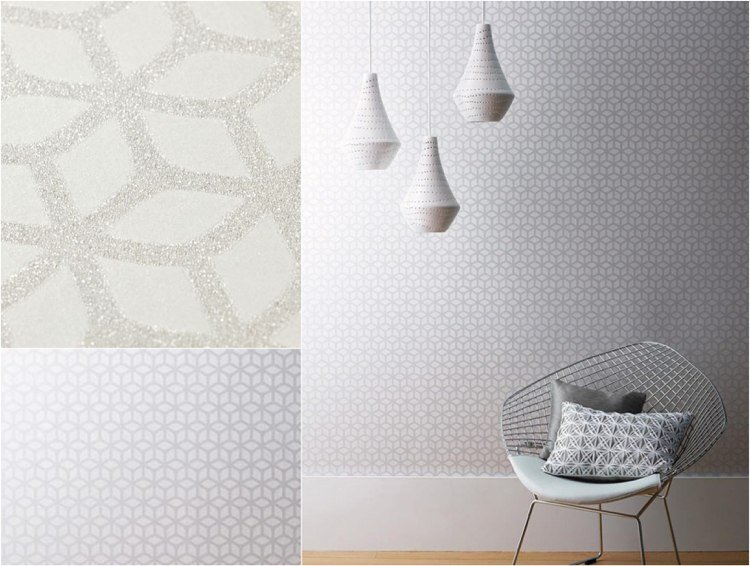 modern tapet vardagsrum grå silver skimrande geometriska mönster