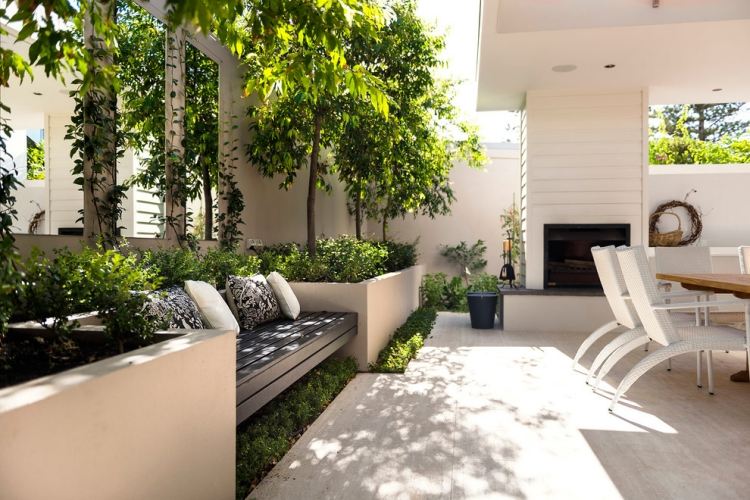 Terrass och trädgård design-tegelväggiga upphöjda sängar-bänk täckt sittgrupp