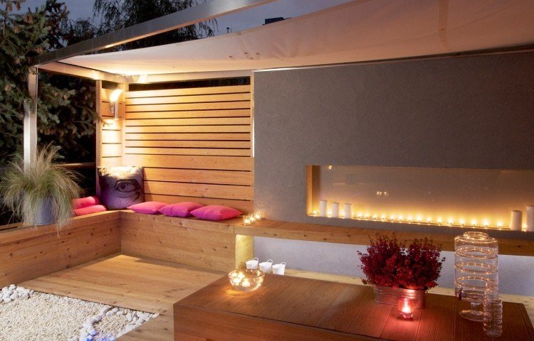Terrass och trädgårdsdesign -moderna trägolv-bänk-matbord-led-telys