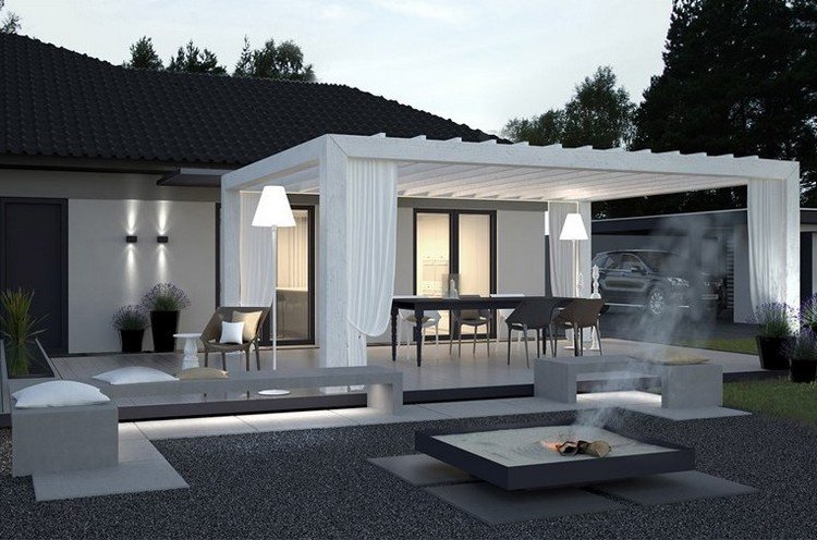 modern-terrass-tak-idéer-trä-stöd-struktur-vit-målade-gardiner