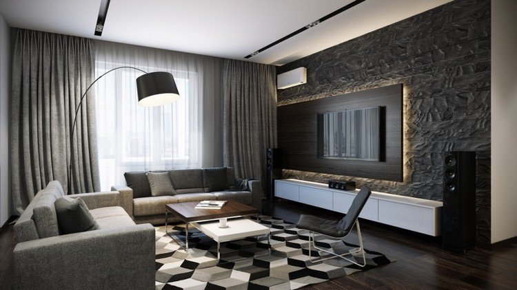 modern väggdesign i vardagsrummet svart vägg accent