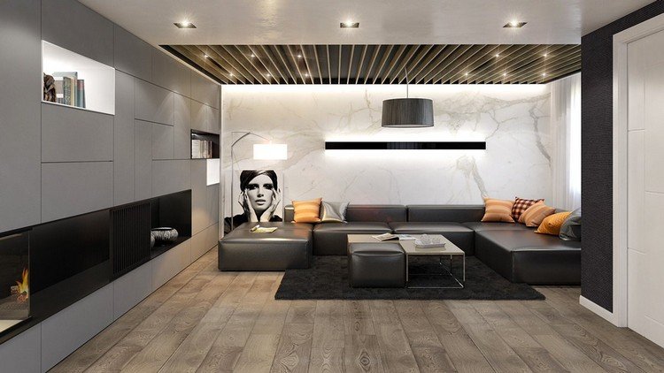 modern väggdesign vardagsrum accent vägg marmor look