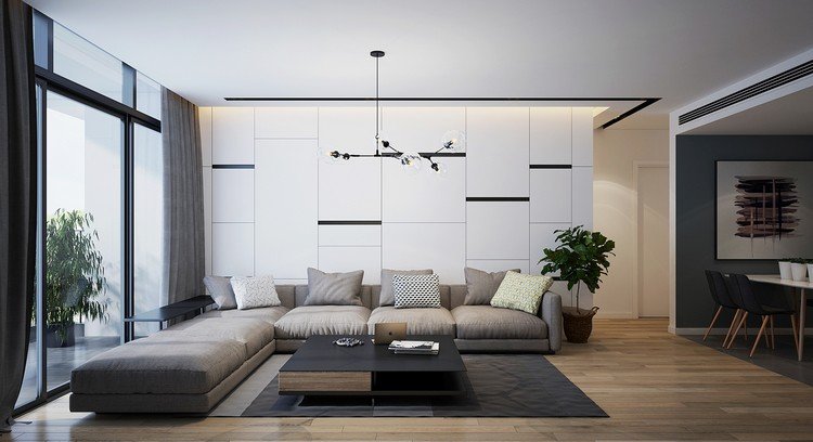 modern väggdesign neutrala färger accent vägg vardagsrum