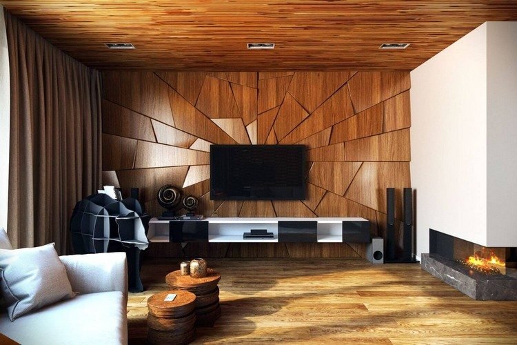 modern väggdesign gjord av trä väggbeklädnad vardagsrum