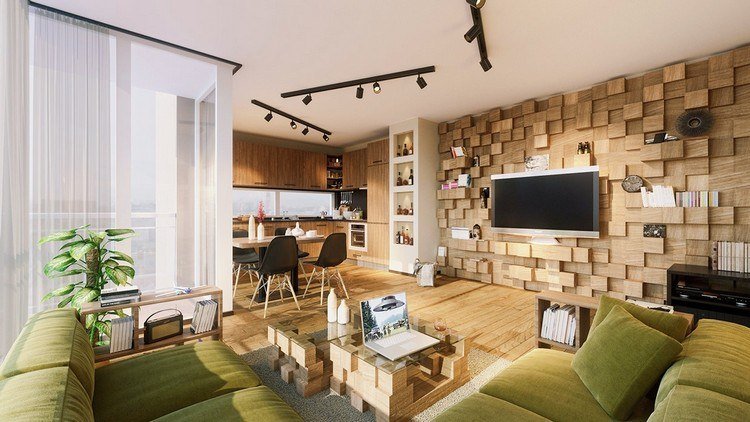 modern väggdesign vardagsrum träväggshyllor