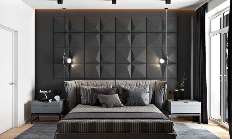 Sovrum design vägg som en accent svart 3d -mönster