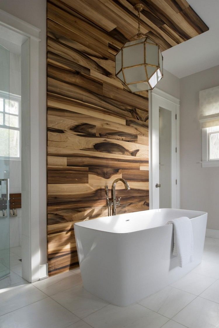 modern väggdesign badrum trävägg som accent