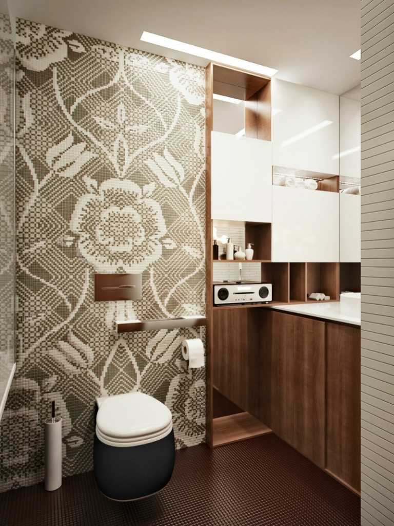väggdesign-badrum-mosaik-kakel-blommönster-trämöbler